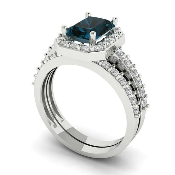 2.22 ct Brilliant Emerald Cut Natural London Blue Topaz 18K White Gold Halo Solitaire with Accents Engagement Bridal Wedding Ring Band Set size 7.5
