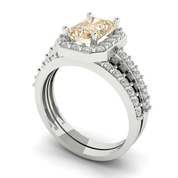 2.22 ct Brilliant Emerald Cut Natural Morganite 14k White Gold Halo Solitaire with Accents Engagement Bridal Wedding Ring Band Set size 4