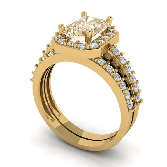 2.22 ct Brilliant Emerald Cut Natural Morganite 18K Yellow Gold Halo Solitaire with Accents Engagement Bridal Wedding Ring Band Set size 6.5