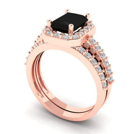 2.22 ct Brilliant Emerald Cut Natural Onyx 18K Rose Gold Halo Solitaire with Accents Engagement Bridal Wedding Ring Band Set size 5.75