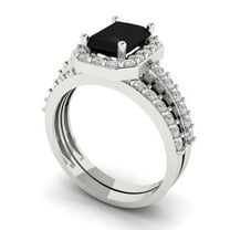 2.22 ct Brilliant Emerald Cut Natural Onyx 18K White Gold Halo Solitaire with Accents Engagement Bridal Wedding Ring Band Set size 3.5