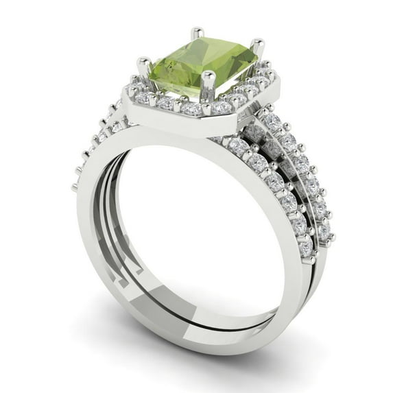 2.22 ct Brilliant Emerald Cut Natural Peridot 14k White Gold Halo Solitaire with Accents Engagement Bridal Wedding Ring Band Set size 8