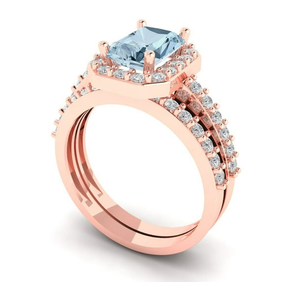 2.22 ct Brilliant Emerald Cut Natural Sky Blue Topaz 18K Rose Gold Halo Solitaire with Accents Engagement Bridal Wedding Ring Band Set size 3.75