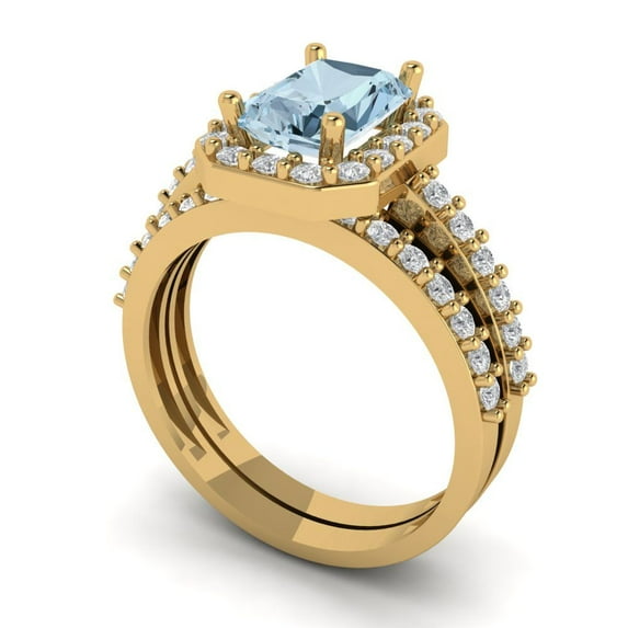 2.22 ct Brilliant Emerald Cut Natural Swiss Blue Topaz 14k Yellow Gold Halo Solitaire with Accents Engagement Bridal Wedding Ring Band Set size 8.25