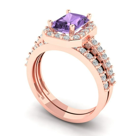 2.22 ct Brilliant Emerald Cut Alexandrite 14k Rose Gold Halo Solitaire with Accents Engagement Bridal Wedding Ring Band Set size 7.25