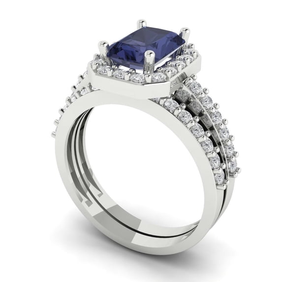2.22 ct Brilliant Emerald Cut Blue Sapphire 14k White Gold Halo Solitaire with Accents Engagement Bridal Wedding Ring Band Set size 10.5