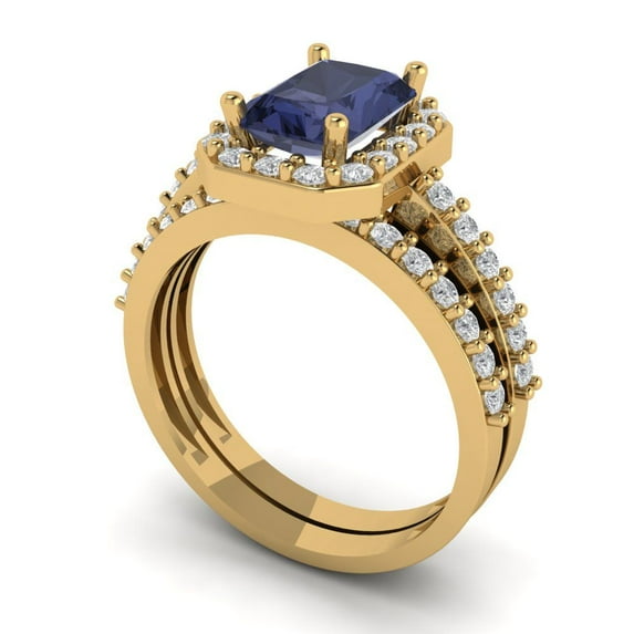 2.22 ct Brilliant Emerald Cut Blue Sapphire 14k Yellow Gold Halo Solitaire with Accents Engagement Bridal Wedding Ring Band Set size 6.25