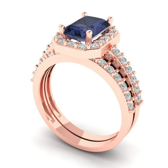 2.22 ct Brilliant Emerald Cut Blue Sapphire 18K Rose Gold Halo Solitaire with Accents Engagement Bridal Wedding Ring Band Set size 4