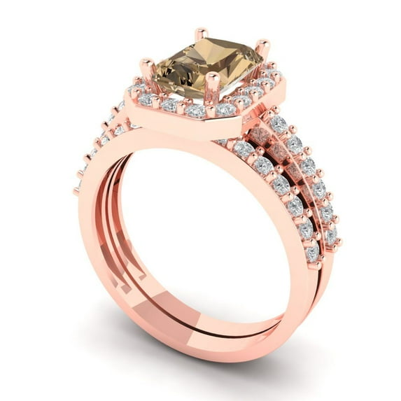 2.22 ct Brilliant Emerald Cut Champagne 14k Rose Gold Halo Solitaire with Accents Engagement Bridal Wedding Ring Band Set size 10.5