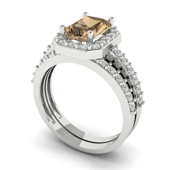 2.22 ct Brilliant Emerald Cut Champagne 18K White Gold Halo Solitaire with Accents Engagement Bridal Wedding Ring Band Set size 3.75