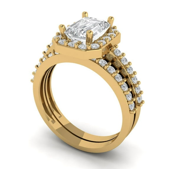 2.22 ct Brilliant Emerald Cut Zircon 14k Yellow Gold Halo Solitaire with Accents Engagement Bridal Wedding Ring Band Set size 4.75