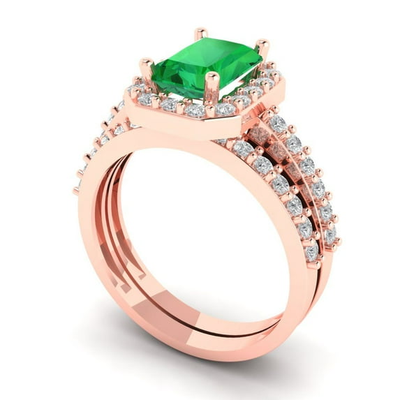 2.22 ct Brilliant Emerald Cut Emerald 14k Rose Gold Halo Solitaire with Accents Engagement Bridal Wedding Ring Band Set size 6.75