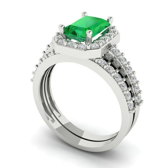 2.22 ct Brilliant Emerald Cut Emerald 14k White Gold Halo Solitaire with Accents Engagement Bridal Wedding Ring Band Set size 6.25
