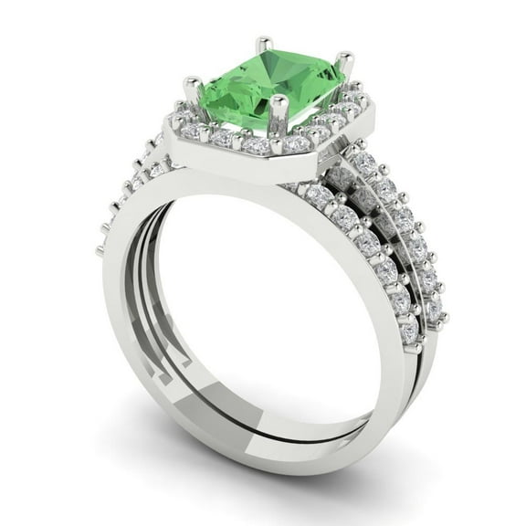 2.22 ct Brilliant Emerald Cut Green Zircon 18K White Gold Halo Solitaire with Accents Engagement Bridal Wedding Ring Band Set size 3.5