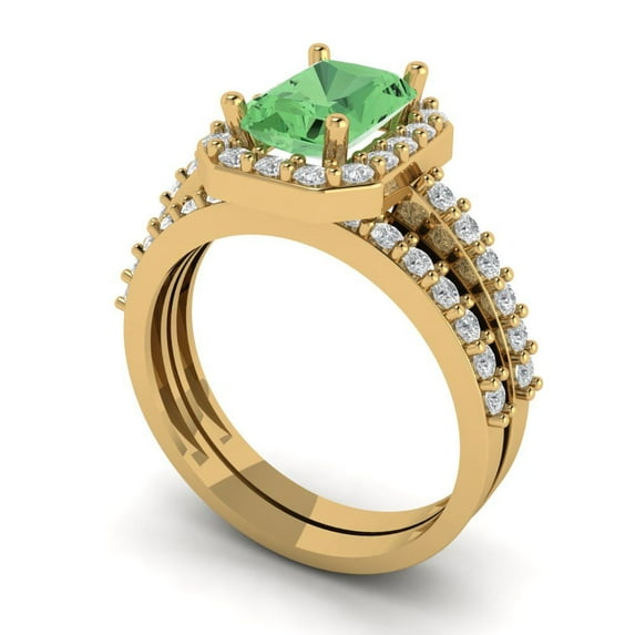2.22 ct Brilliant Emerald Cut Green Zircon 18K Yellow Gold Halo Solitaire with Accents Engagement Bridal Wedding Ring Band Set size 4.25