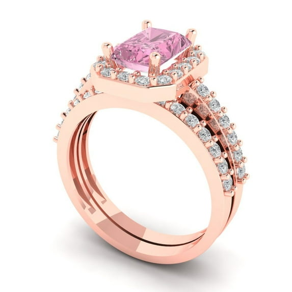 2.22 ct Brilliant Emerald Cut Pink Zircon 18K Rose Gold Halo Solitaire with Accents Engagement Bridal Wedding Ring Band Set size 6