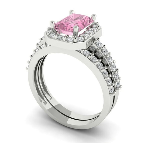 2.22 ct Brilliant Emerald Cut Pink Zircon 18K White Gold Halo Solitaire with Accents Engagement Bridal Wedding Ring Band Set size 3.5