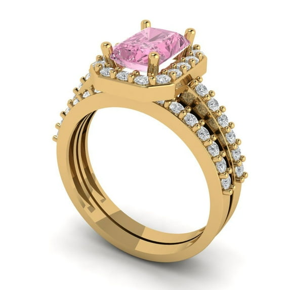 2.22 ct Brilliant Emerald Cut Pink Zircon 18K Yellow Gold Halo Solitaire with Accents Engagement Bridal Wedding Ring Band Set size 10.25
