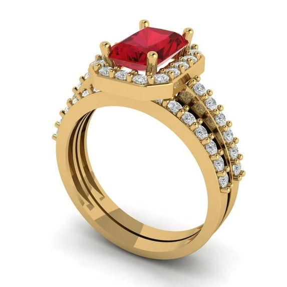 2.22 ct Brilliant Emerald Cut Pink Tourmaline 18K Yellow Gold Halo Solitaire with Accents Engagement Bridal Wedding Ring Band Set size 3.5