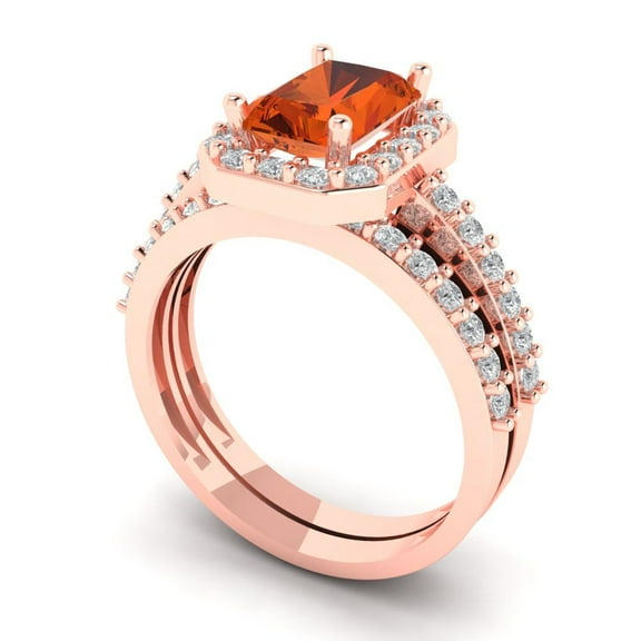 2.22 ct Brilliant Emerald Cut Red Zircon 14k Rose Gold Halo Solitaire with Accents Engagement Bridal Wedding Ring Band Set size 6.75