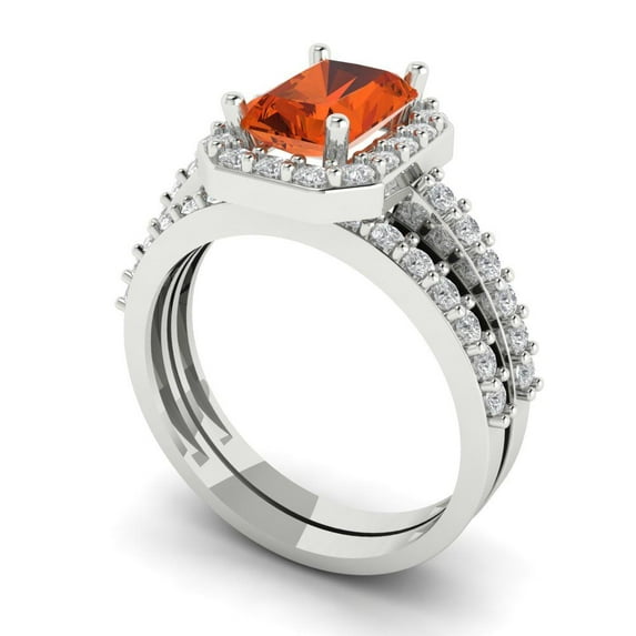 2.22 ct Brilliant Emerald Cut Red Zircon 18K White Gold Halo Solitaire with Accents Engagement Bridal Wedding Ring Band Set size 4.75
