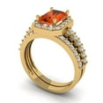 thumbnail image 1 of 2.22 ct Brilliant Emerald Cut Red Zircon 18K Yellow Gold Halo Solitaire with Accents Engagement Bridal Wedding Ring Band Set size 6.75, 1 of 7