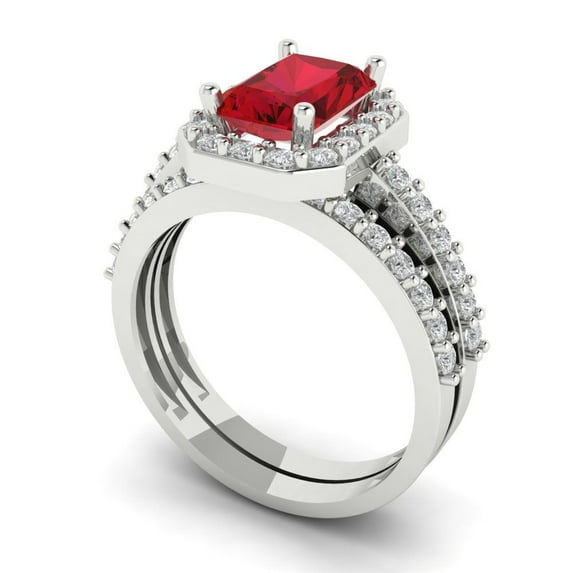 2.22 ct Brilliant Emerald Cut Ruby 14k White Gold Halo Solitaire with Accents Engagement Bridal Wedding Ring Band Set size 8.5
