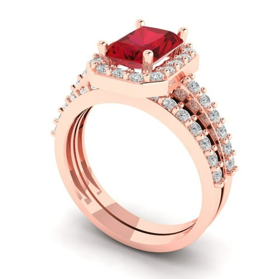 2.22 ct Brilliant Emerald Cut Ruby 18K Rose Gold Halo Solitaire with Accents Engagement Bridal Wedding Ring Band Set size 11