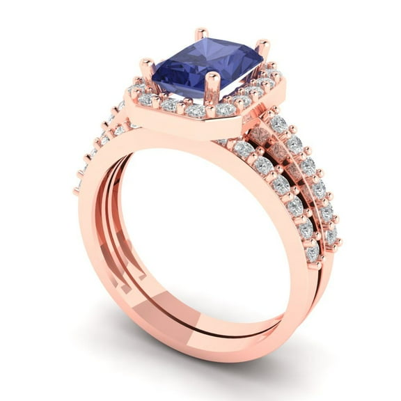 2.22 ct Brilliant Emerald Cut Tanzanite 14k Rose Gold Halo Solitaire with Accents Engagement Bridal Wedding Ring Band Set size 6.75