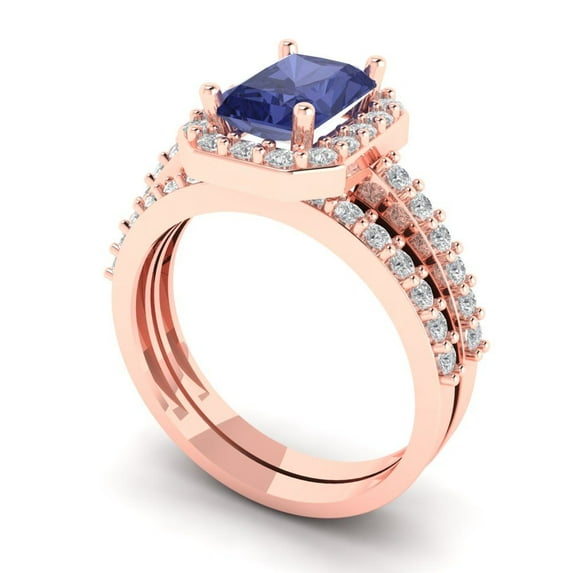 2.22 ct Brilliant Emerald Cut Tanzanite 18K Rose Gold Halo Solitaire with Accents Engagement Bridal Wedding Ring Band Set size 10.25