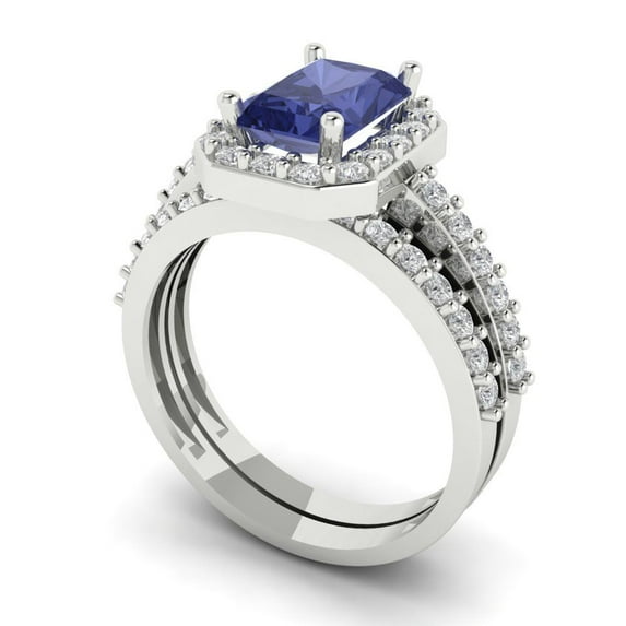 2.22 ct Brilliant Emerald Cut Tanzanite 18K White Gold Halo Solitaire with Accents Engagement Bridal Wedding Ring Band Set size 5.75