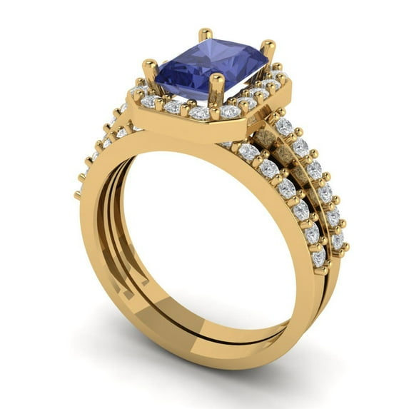 2.22 ct Brilliant Emerald Cut Tanzanite 18K Yellow Gold Halo Solitaire with Accents Engagement Bridal Wedding Ring Band Set size 3.5