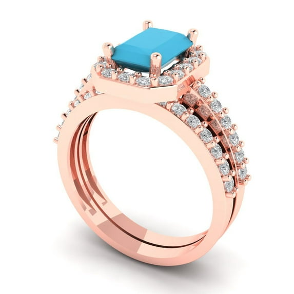 2.22 ct Brilliant Emerald Cut Turquoise 14k Rose Gold Halo Solitaire with Accents Engagement Bridal Wedding Ring Band Set size 5.25