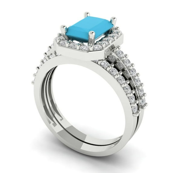 2.22 ct Brilliant Emerald Cut Turquoise 14k White Gold Halo Solitaire with Accents Engagement Bridal Wedding Ring Band Set size 4.25