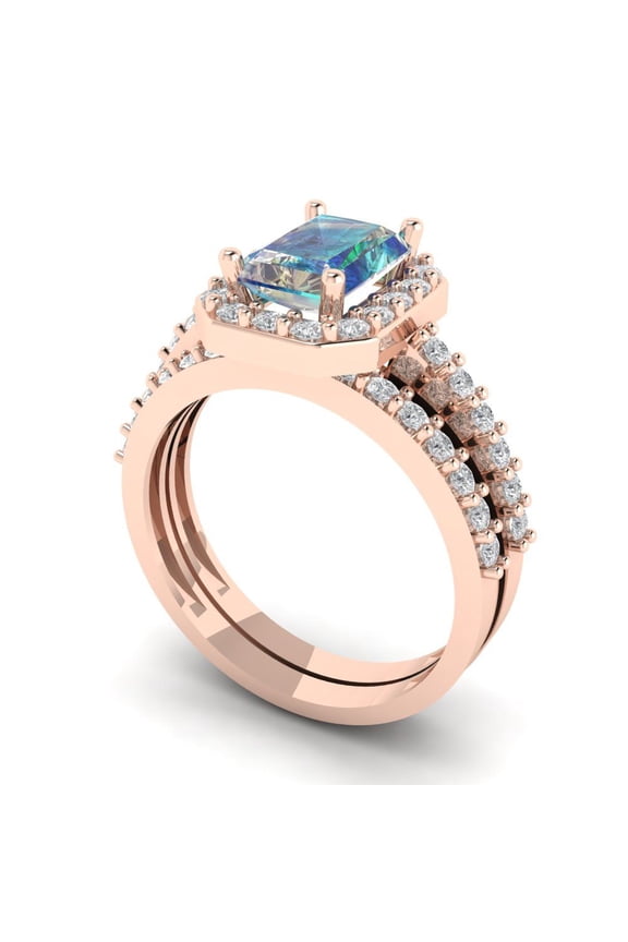 2.22 ct Brilliant Emerald Cut Blue Moissanite 14k Rose Gold Halo Solitaire with Accents Engagement Bridal Wedding Ring Band Set size 11