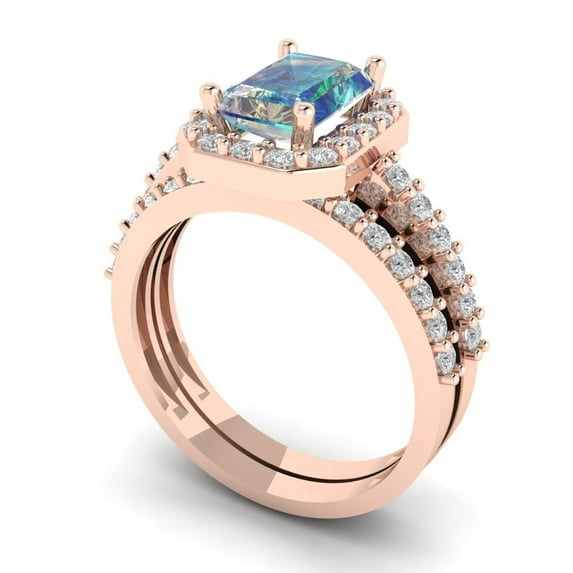 2.22 ct Brilliant Emerald Cut Blue Moissanite 14k Rose Gold Halo Solitaire with Accents Engagement Bridal Wedding Ring Band Set size 6.25