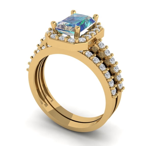 2.22 ct Brilliant Emerald Cut Blue Moissanite 14k Yellow Gold Halo Solitaire with Accents Engagement Bridal Wedding Ring Band Set size 10
