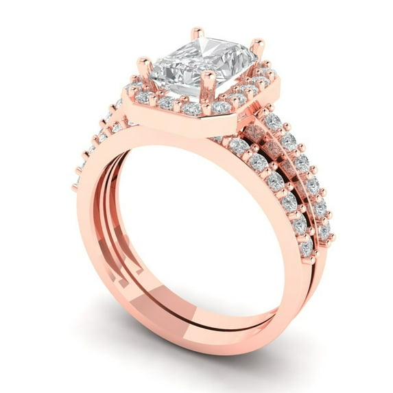 2.22 ct Brilliant Emerald Cut Moissanite 14k Rose Gold Halo Solitaire with Accents Engagement Bridal Wedding Ring Band Set size 5.5