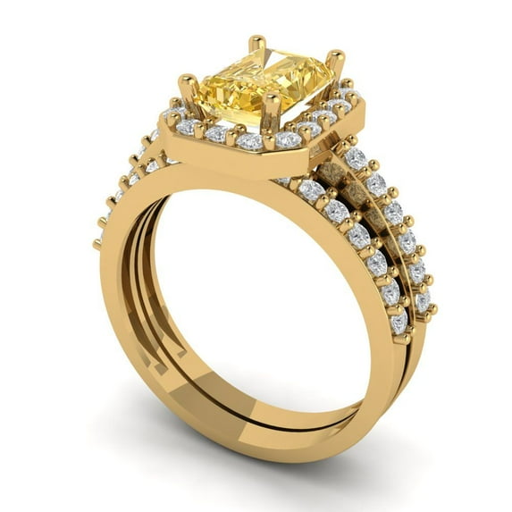 2.22 ct Brilliant Emerald Cut Yellow Moissanite 18K Yellow Gold Halo Solitaire with Accents Engagement Bridal Wedding Ring Band Set size 9.25