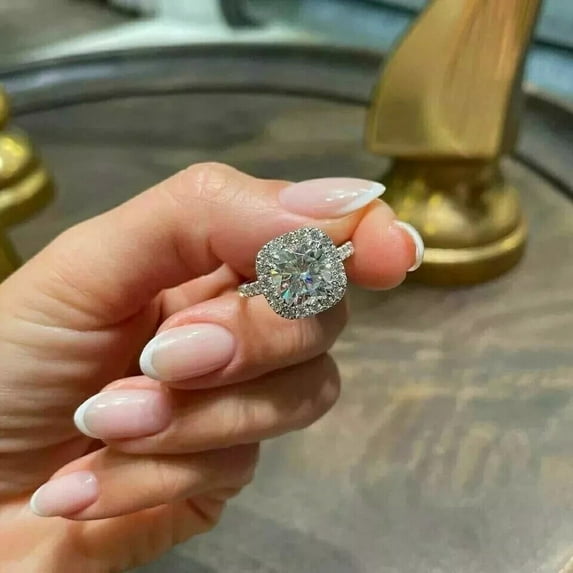 2.22Ct Cushion Cut Lab Created Diamond Halo Engagement 14K White Gold Plated Silver