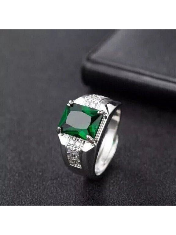 2.22Ct Emerald Cut Lab-Created Emerald Men's Engagement Ring 14K White Gold Plated Silver