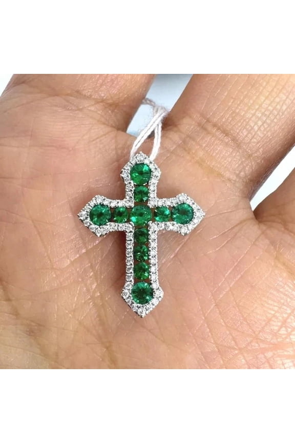 2.22Ct Round Cut Lab-Created Emerald Cross Pendant 14K White Gold Plated Silver With Free Chain 18 Inch