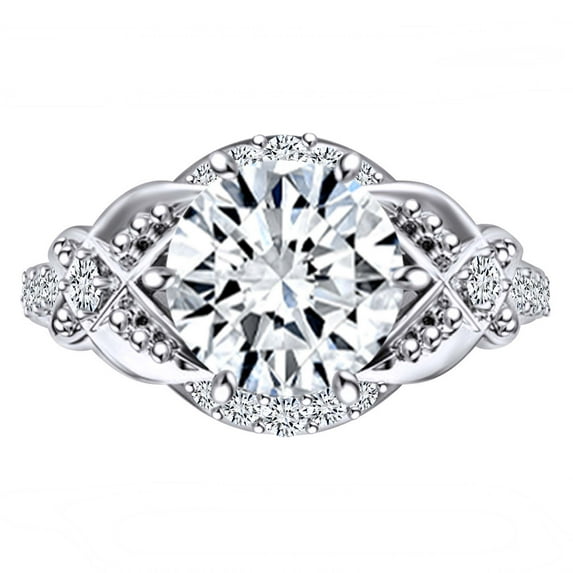 AFFY 2.24 Carat Round Moissanite & Natural Diamond Vintage Style Engagament Ring 14K Solid Gold White Gold Ring Size-9.5
