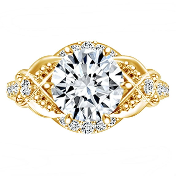 AFFY 2.24 Carat Round Moissanite & Natural Diamond Vintage Style Engagement Ring 14K Solid Gold Yellow Gold Ring Size-5