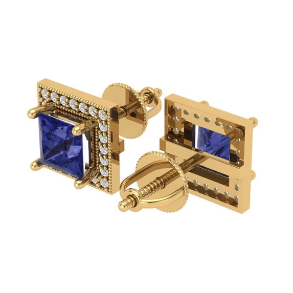 2.24 Ct Princess Cut Halo Studs Blue Tanzanite 18K Yellow Solid Solid Gold Everyday Dainty Earrings Screw Back