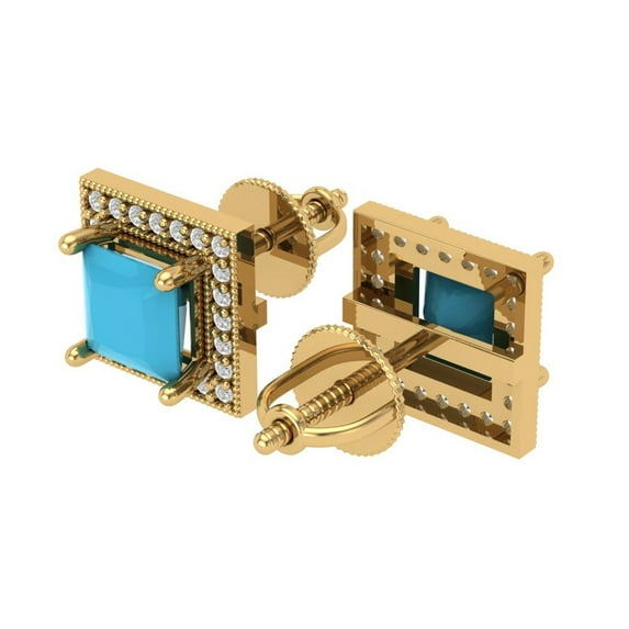 2.24 Ct Princess Cut Halo Studs Blue Turquoise 18K Yellow Solid Solid Gold Everyday Dainty Earrings Screw Back