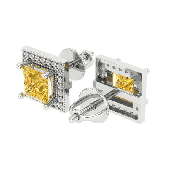 2.24 Ct Princess Cut Halo Studs Yellow Crystal 14K White Solid Gold Everyday Dainty Earrings Screw Back