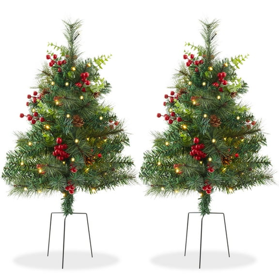 2 - 24in Outdoor Pathway Christmas Trees, Pinecones, Red Berries, Multi Greenery, White LED Lights