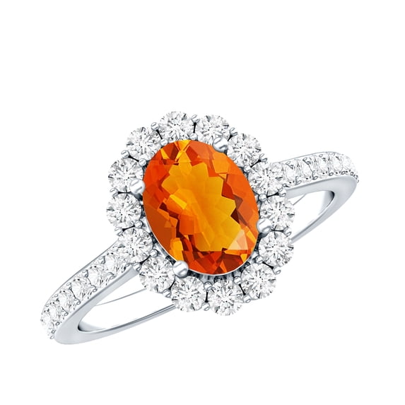 Rosec Jewels Real Fire Opal Oval Engagement Ring with Halo (1 Ct, AAA Grade) - Opal Statement Ring for Women - with Jewelry Box, 14K White Gold, US 9.50