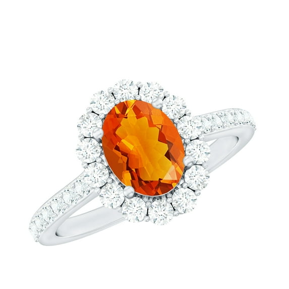 Rosec Jewels Real Fire Opal Oval Engagement Ring with Halo (6X8mm, AAA Grade) - Opal Statement Ring for Women - with Jewelry Box, 14K White Gold, US 9.50